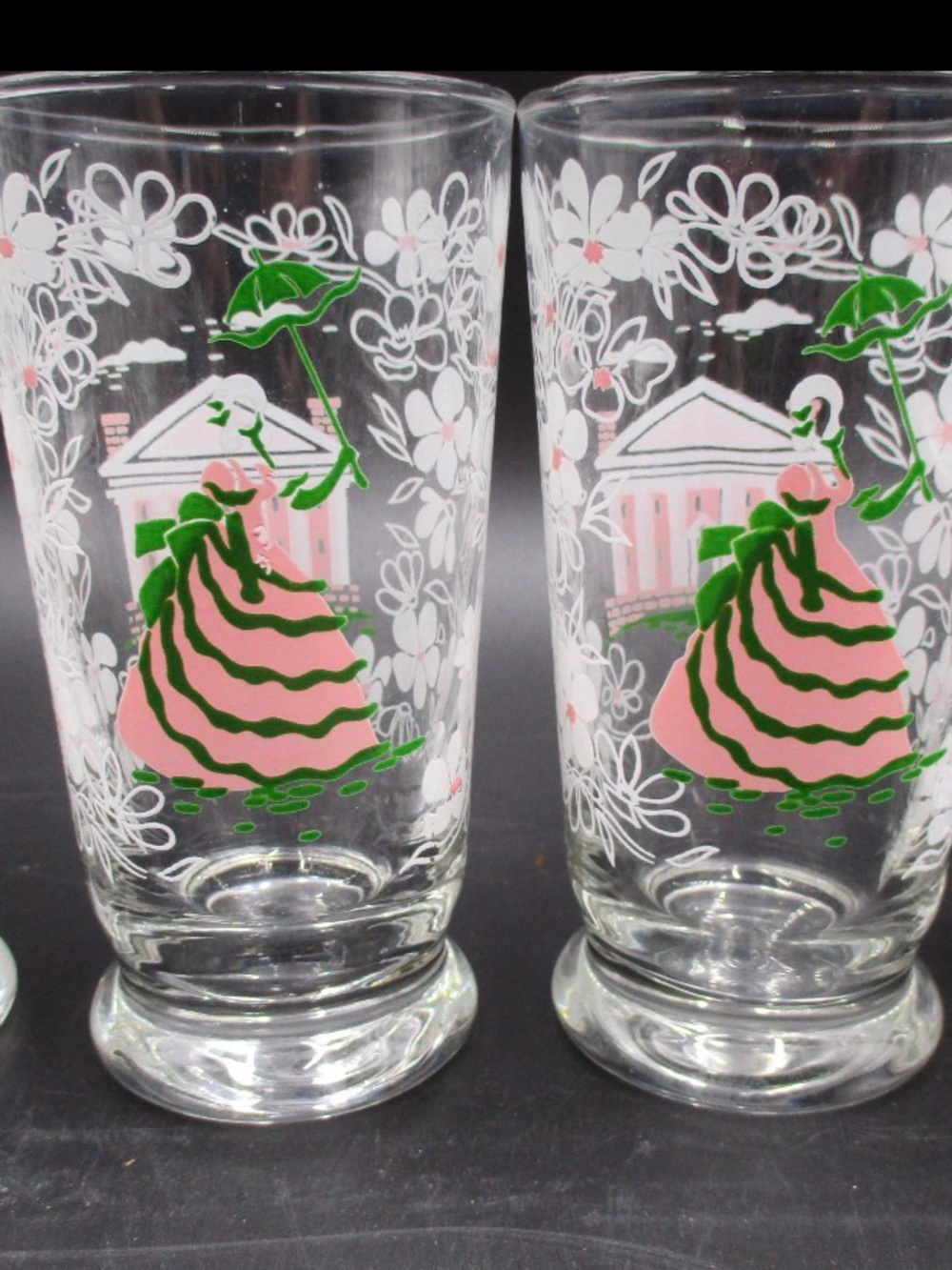 Set of Four Libbey Americana Tumblers, Southern Belle and Plantation Home